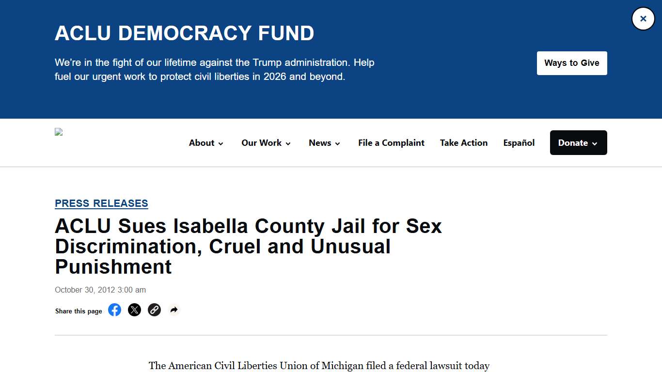 ACLU Sues Isabella County Jail for Sex Discrimination, Cruel and Unusual Punishment - ACLU of Michigan