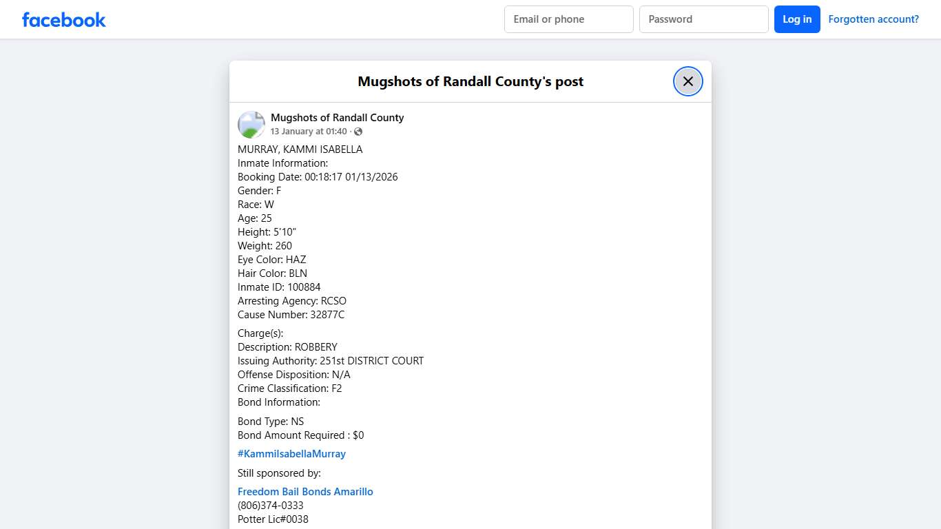 MURRAY, KAMMI ISABELLA Inmate... - Mugshots of Randall County | Facebook